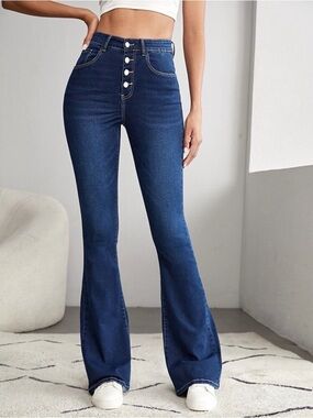 SHEIN Dark Blue High-Rise Flare Jeans